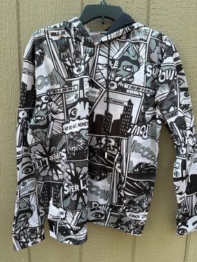 Kids Comic-Print Hooded Jacket - Black & White
